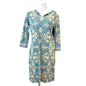 J. McLaughlin Blue and White Sheath Dress with 3/4 Sleeves Small